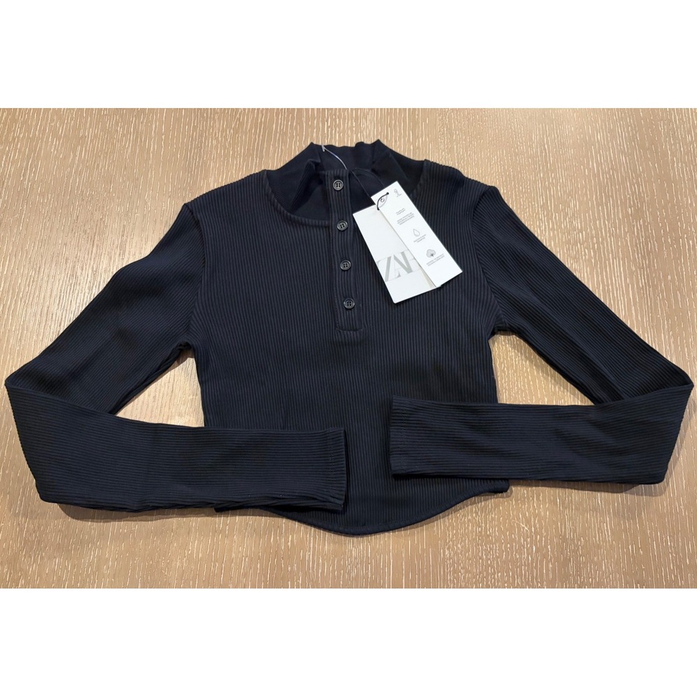 Zara Womens Black Ribbed Knit Cropped Button Front Long Sleeve Top L NWT Sweater